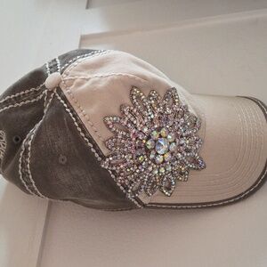 Olive & Pique Crystal Flower Distressed Baseball Hat khaki beige